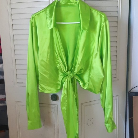 SHEIN 2XL Lime Green Long Sleeve Tie Front Top - Picture 4 of 12